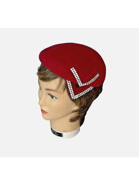 Vintage 1950's Women's Debette Burgundy Beret Rhinestone Felt Wool Hat 20.5" EUC
